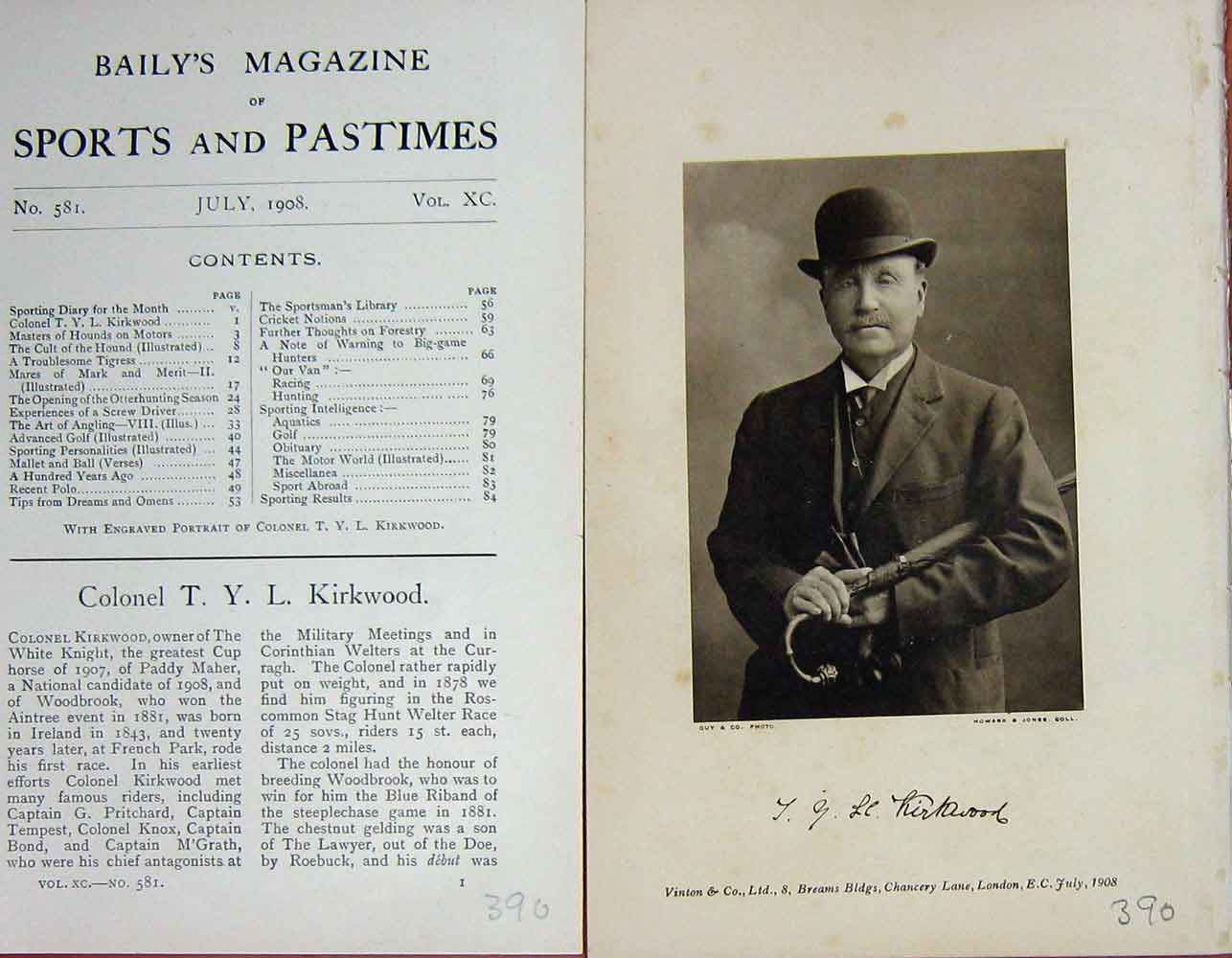 Original Old Antique Print 1908 Portrait Colonel T.Y.L Kirkwood Sportsman 20th