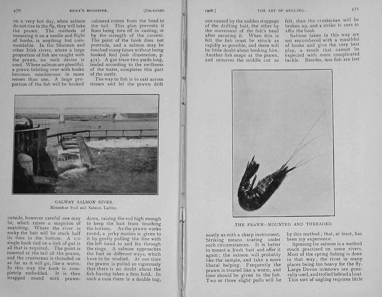 Original Old Antique Print 1908 Fishing Moy Salmon River Ballina Maigne Adair