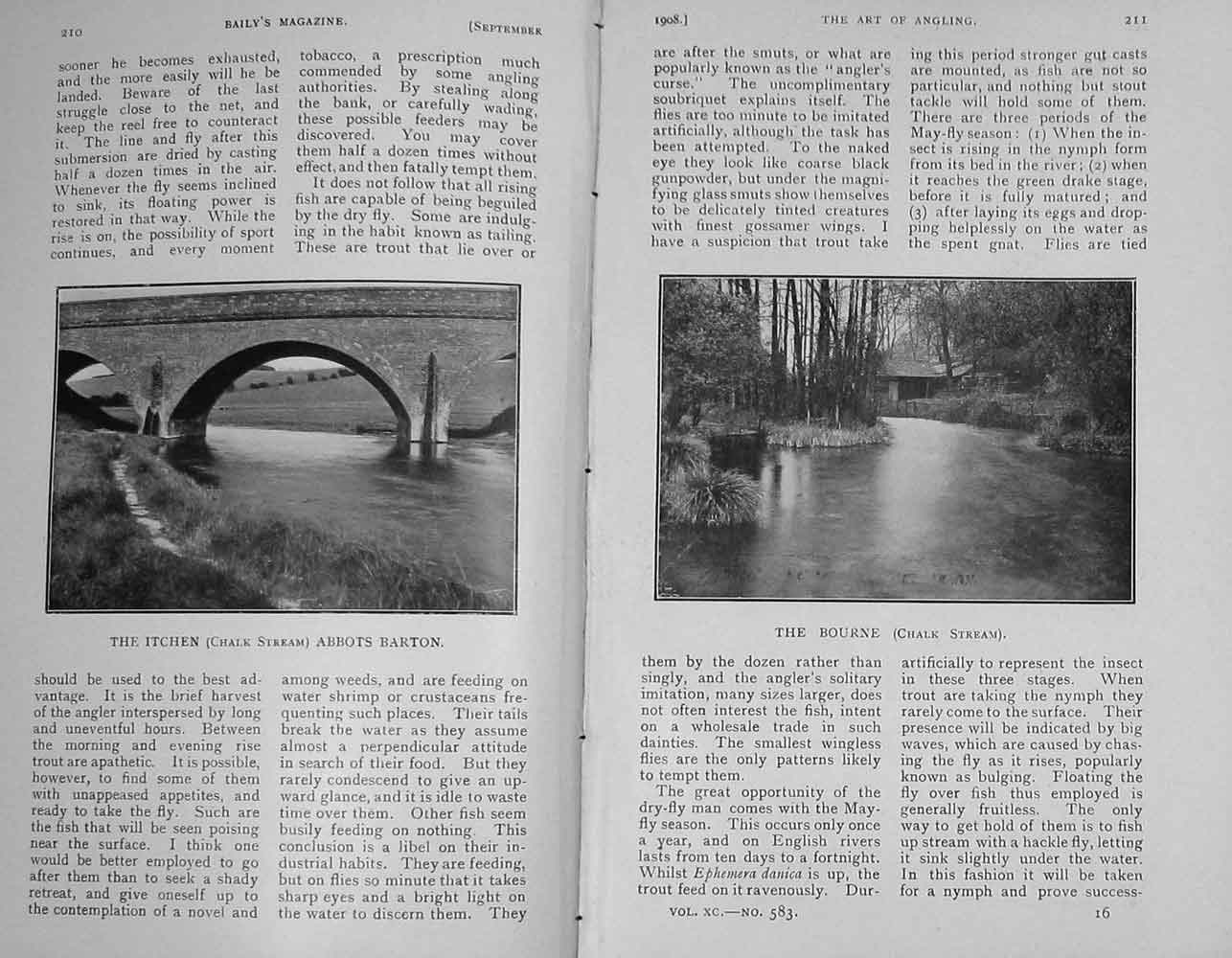 Old Antique Print 1908 Fly Fishing Angling Sport Itchen Bourne Avon River 20th