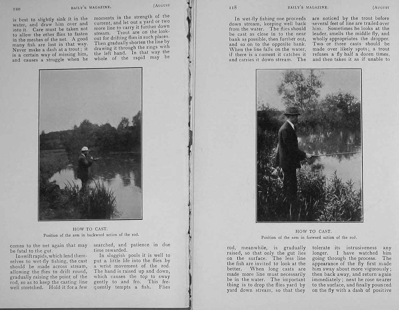 Old Antique Print 1908 Angling Fishing Casting Fly River Man Sport Photo 20th