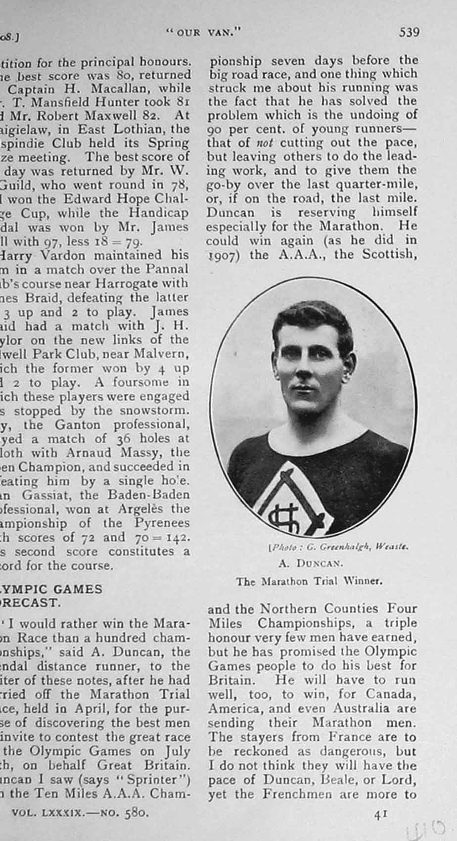 Original Old Antique Print 1908 Portrait Duncan Marathon Trial Winner 20th