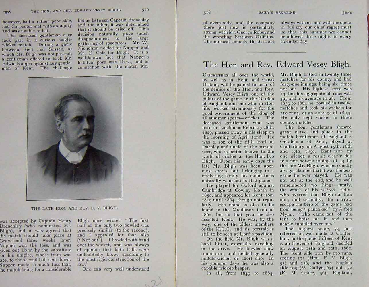 Original Old Antique Print 1908 Portrait Hon Rev. Edward Vesey Bligh Sport 20th