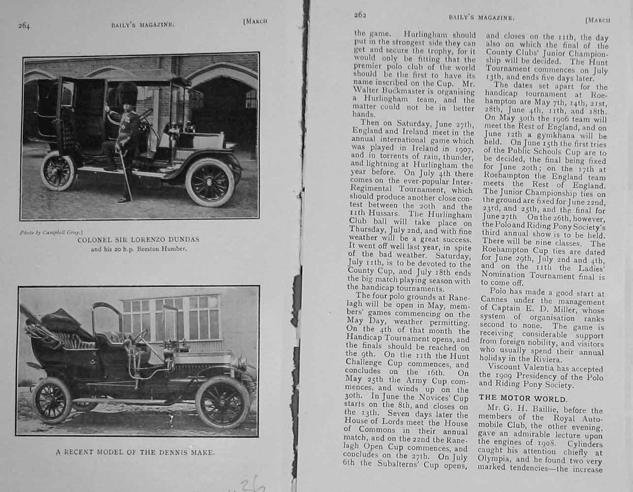 Original Old Antique Print 1908 Photograph Colonel Lorenzo Dundas Car Dennis