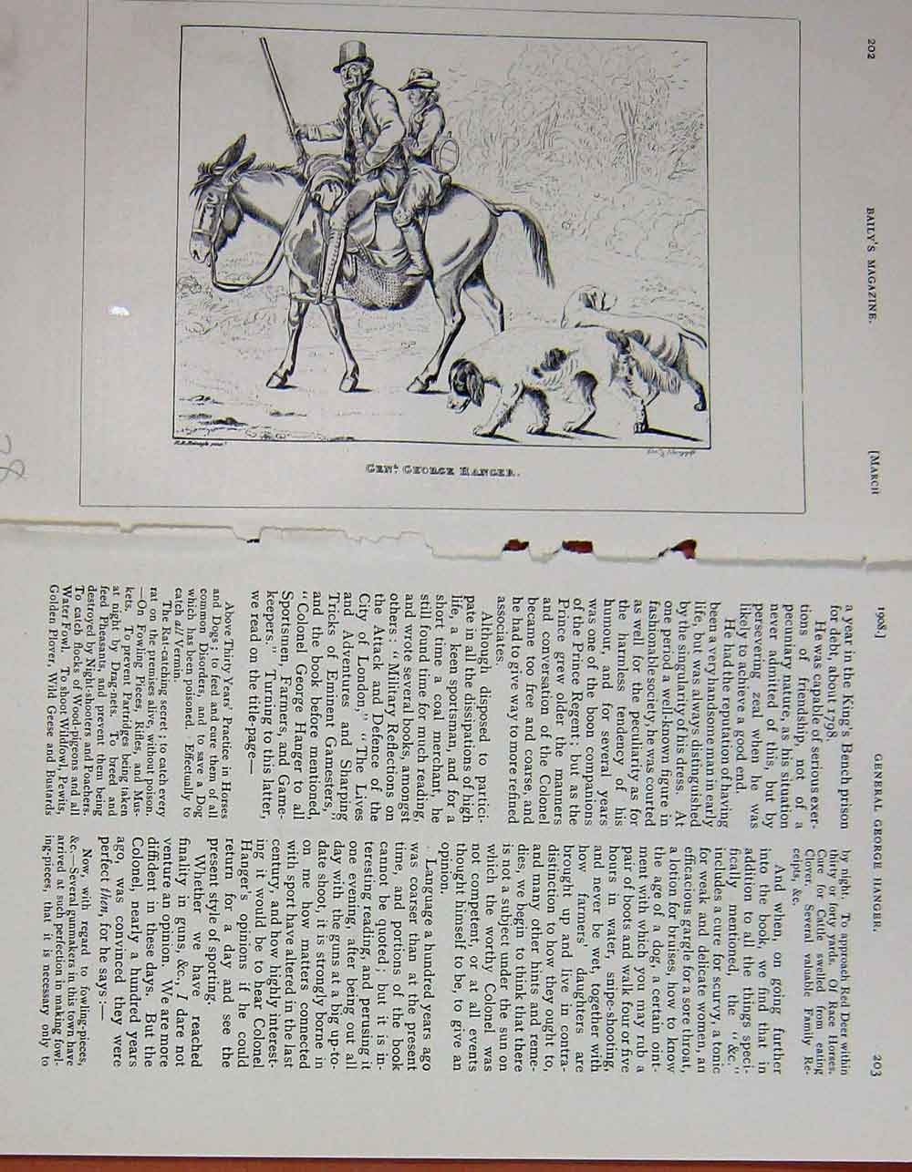 Original Old Antique Print 1908 Portrait George Hanger Horse Hounds Sport 20th