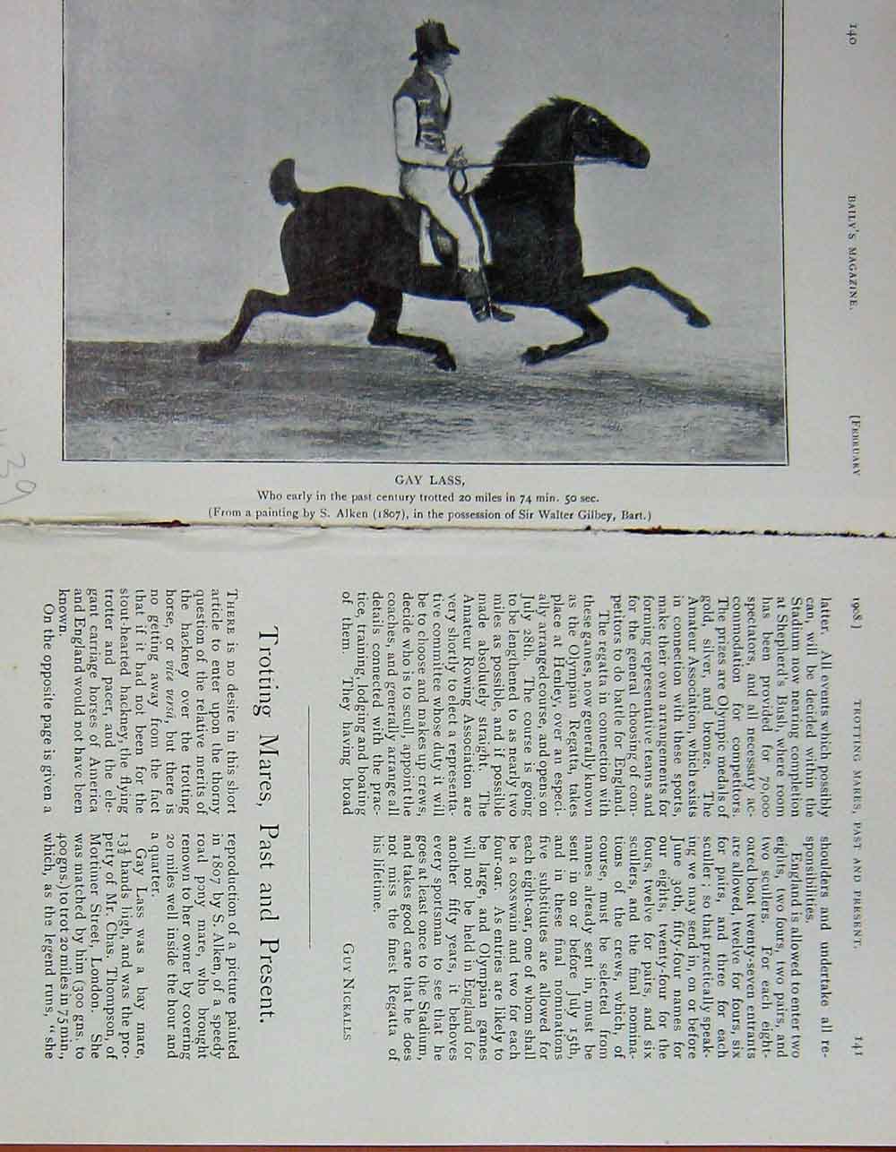 Original Old Antique Print 1908 Portrait Gay Lass Horse Jockey Sport 20th