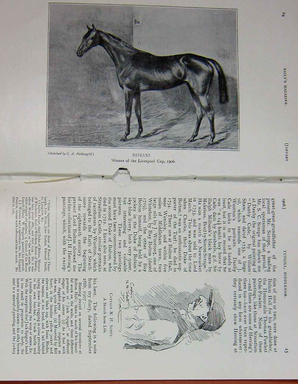 Old Antique Print 1908 Bibiani Horse Liverpool Cup Captain Scott Jockey 20th