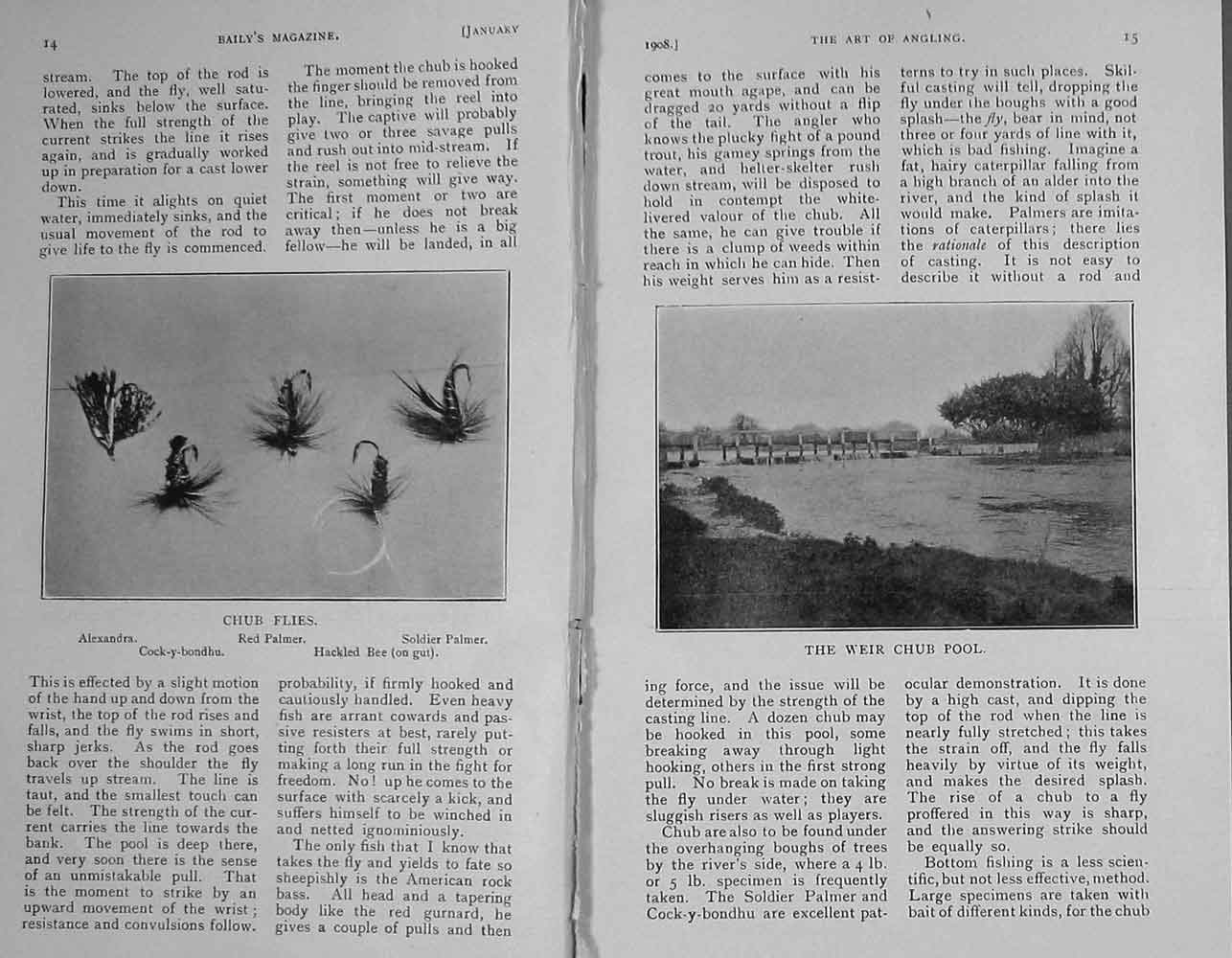 Original Old Antique Print 1908 Photograph Fishing Weir Chub Pool Flies 20th