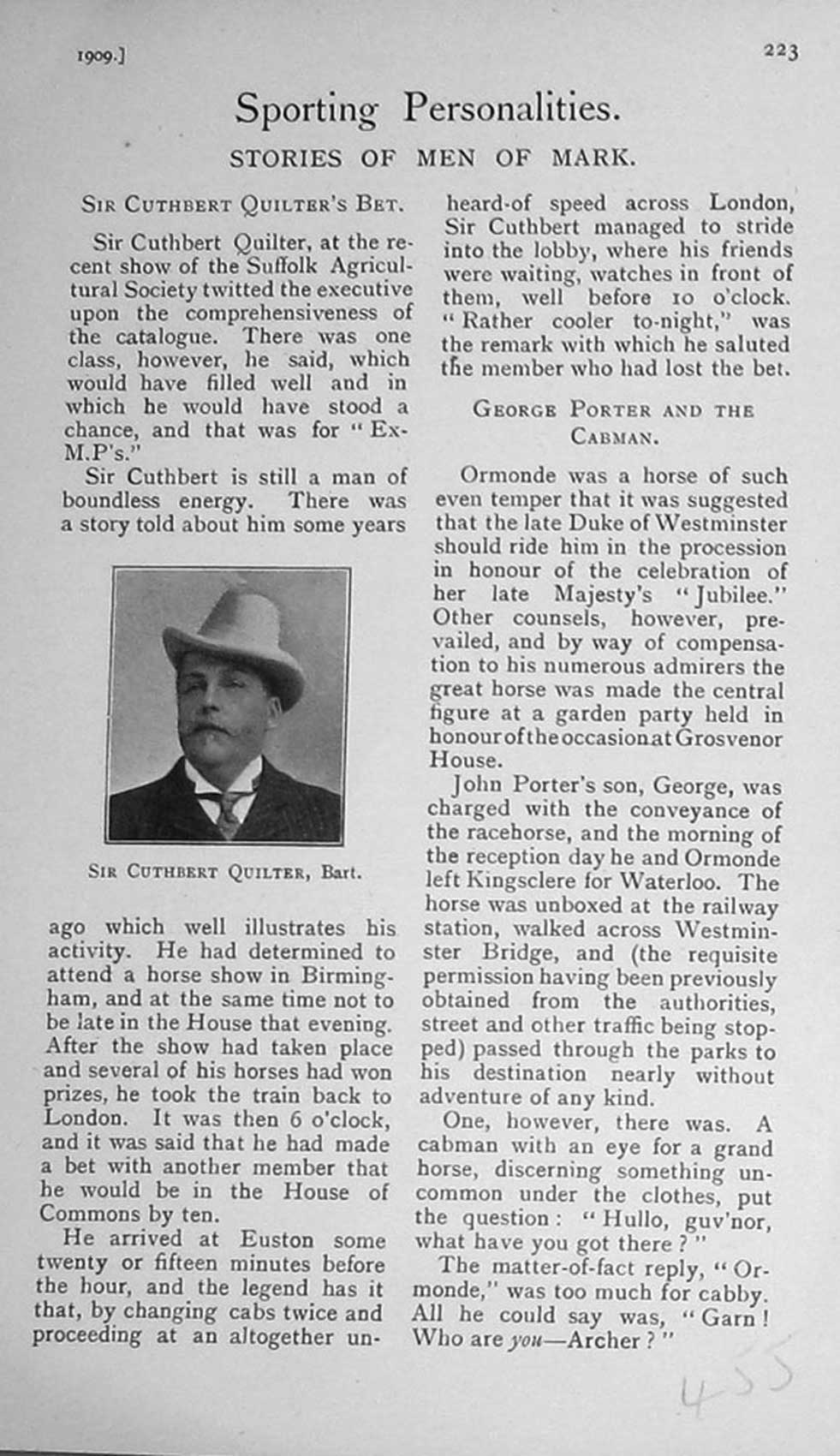 Original Old Antique Print 1909 Portrait Sir Cuthbert Quilter Sportsman 20th