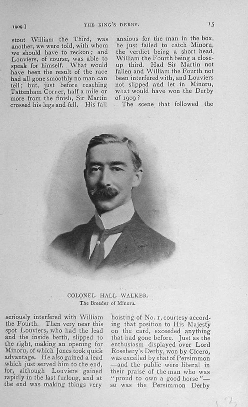 Original Old Antique Print 1909 Portrait Colonel Hall Walker Horse Breeder 20th