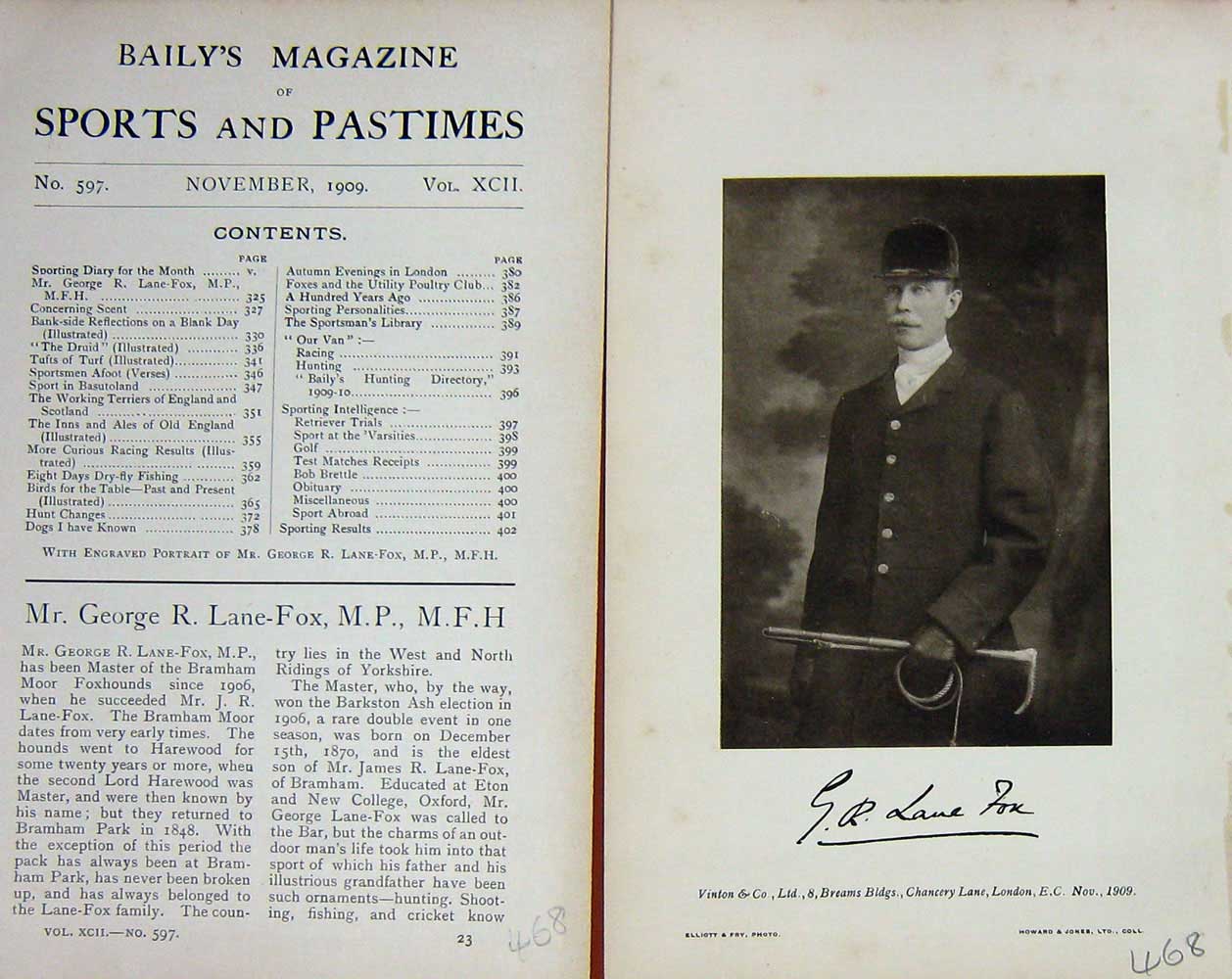 Original Old Antique Print 1909 Portrait Mr George Lane-Fox Bramham Hounds 20th