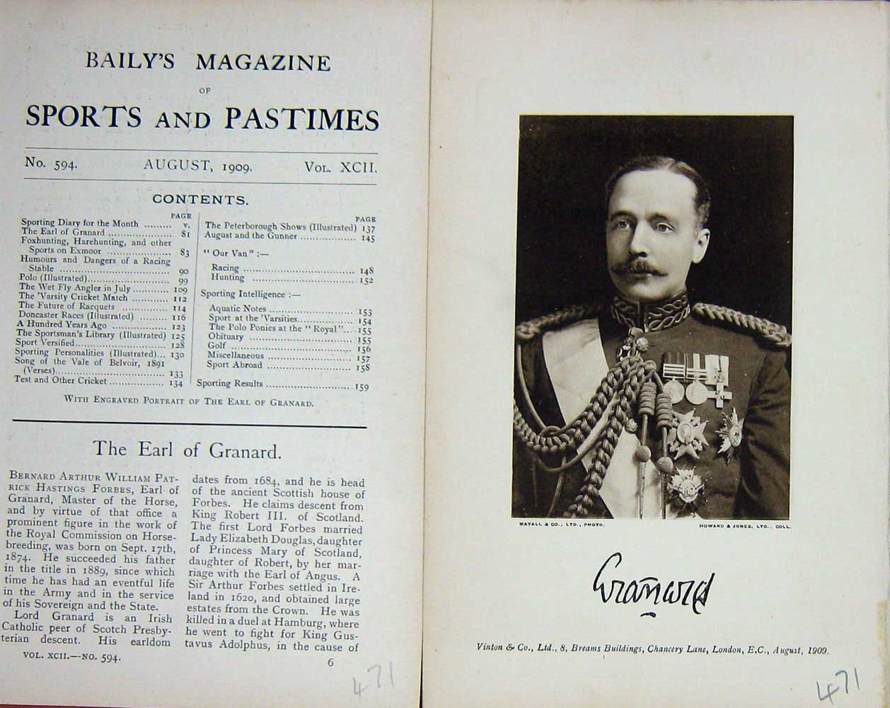 Original Old Antique Print 1909 Portrait Earl Granard Bernard Forbes 20th