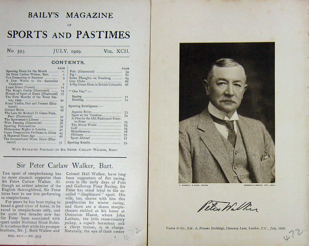 Original Old Antique Print 1909 Portrait Sir Peter Carlaw Walker Bart 20th