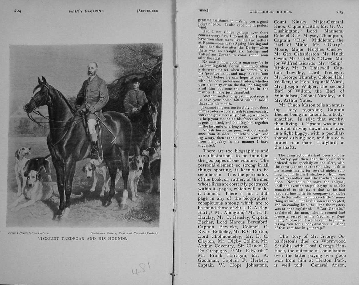 Original Old Antique Print 1909 Portrait Viscount Tredegar Hounds Hunting 20th