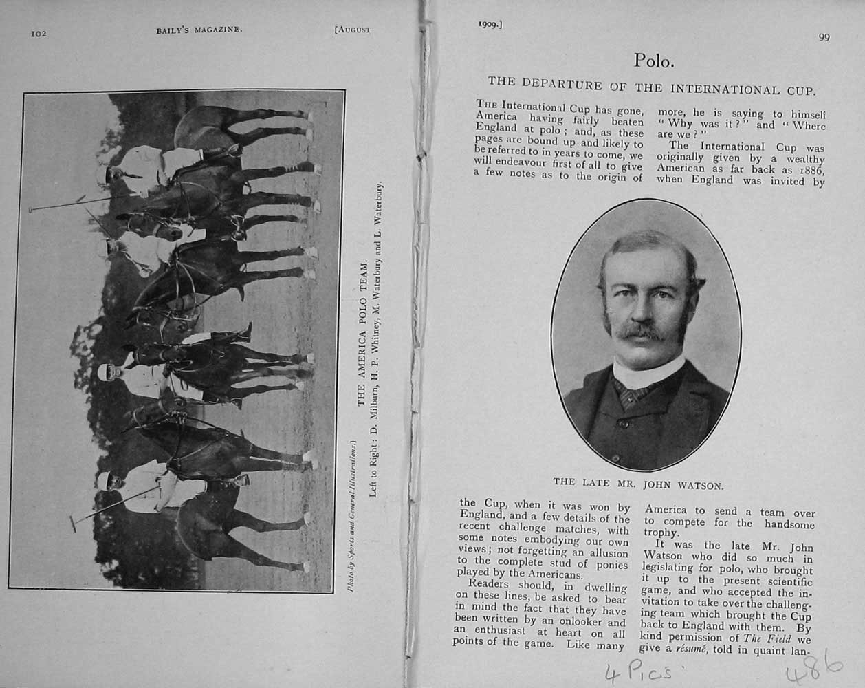 Old Antique Print 1909 Polo John Watson America Team England Horses Sport 20th