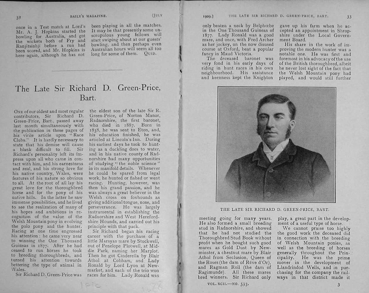Original Old Antique Print 1909 Portrait Sir Richard Green-Price Bart 20th