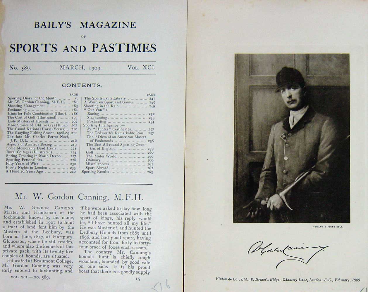 Original Old Antique Print 1909 Portrait Mr W. Gordon Canning Huntsman 20th