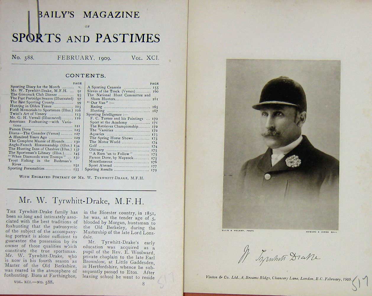 Original Old Antique Print 1909 Portrait Mr W. Tyrwhitt-Drake M.F.H Sport 20th