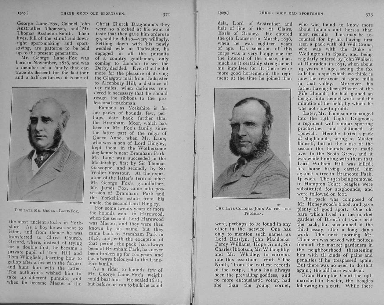 Original Old Antique Print 1909 Portrait George Lane-Fox Colonel Thomson 20th