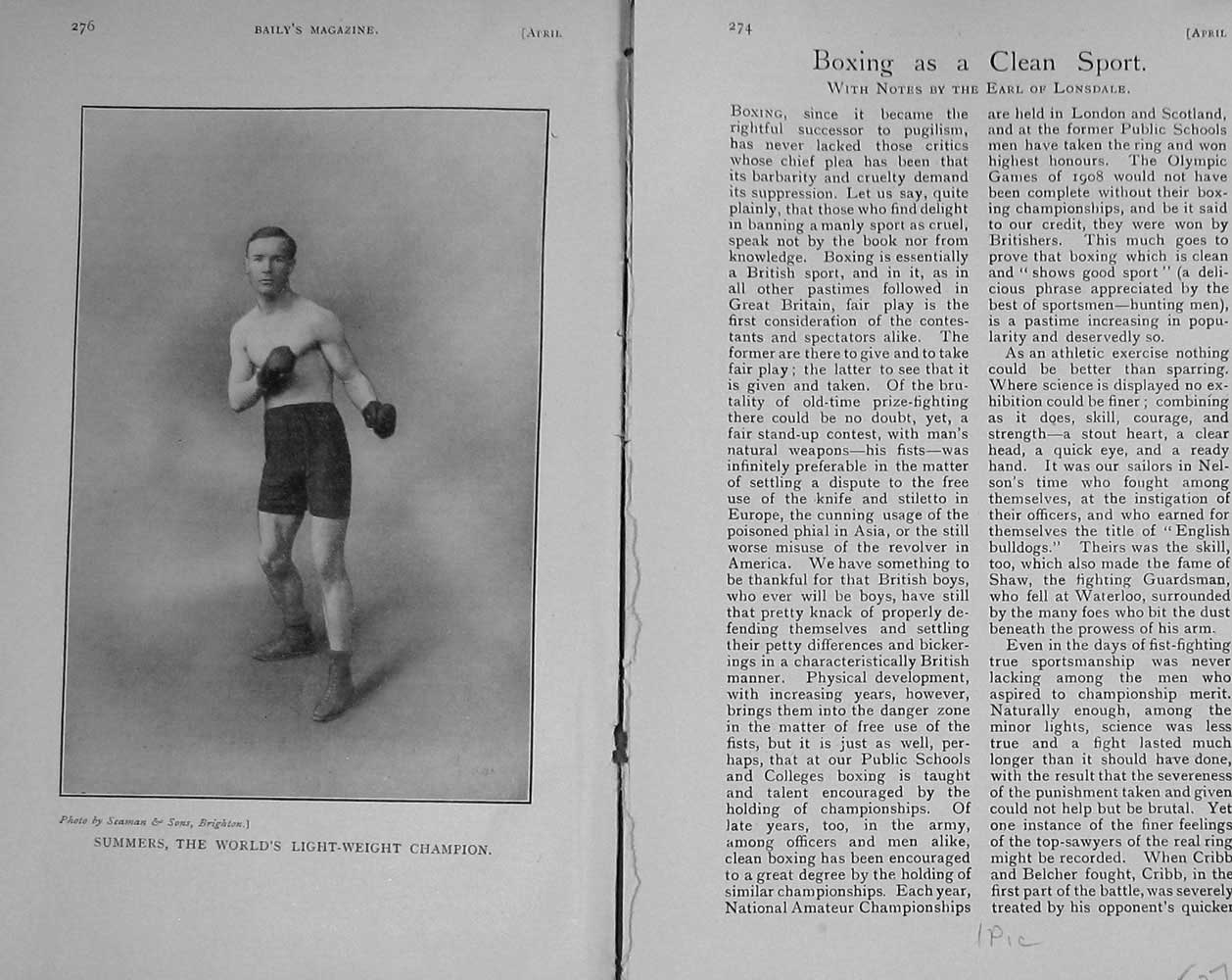 Original Old Antique Print 1909 Portrait Summers Boxing Light Champion 20th