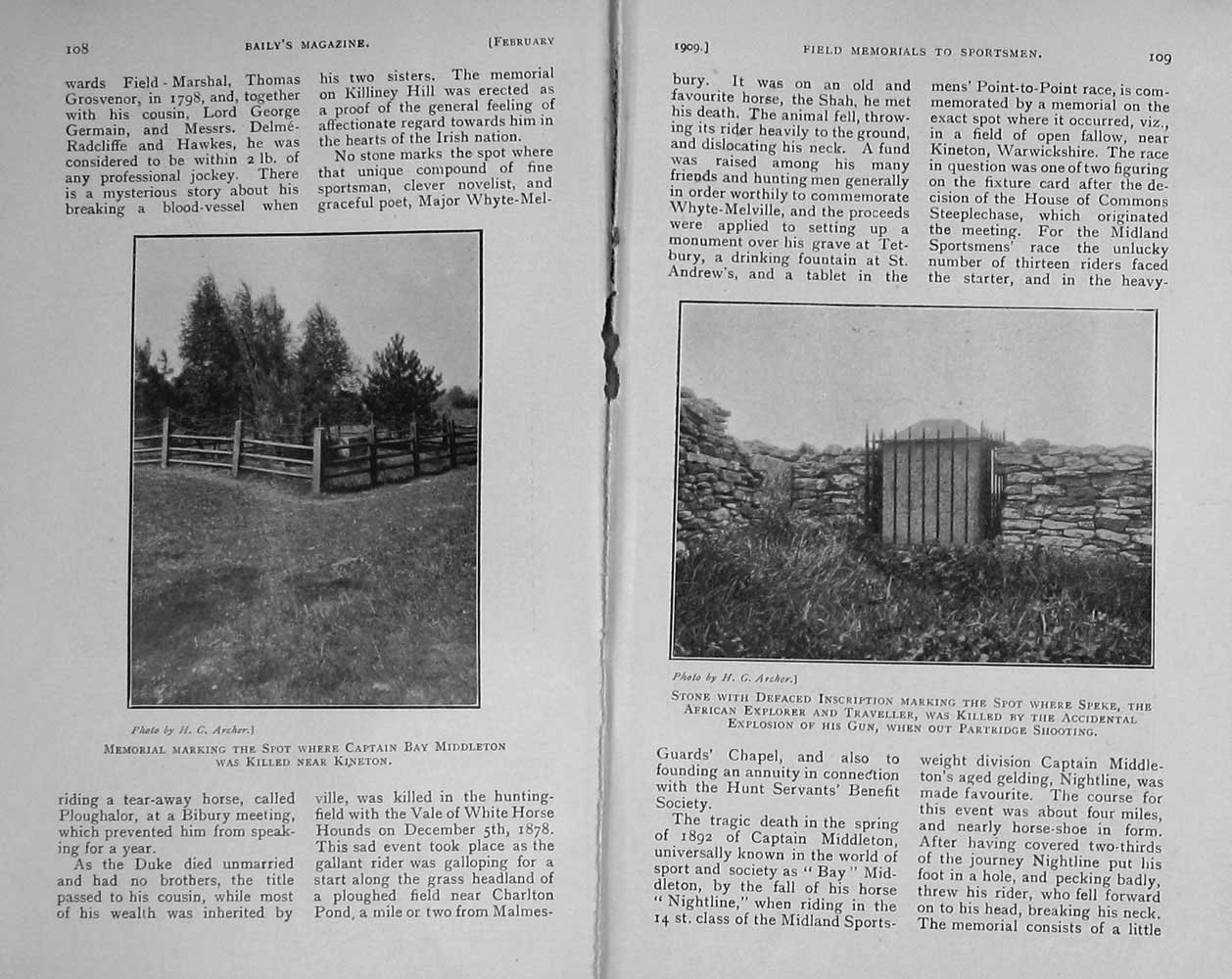 Old Antique Print 1909 Whyte-Melville Grave Tetbury Middleton Speke Rufus 20th