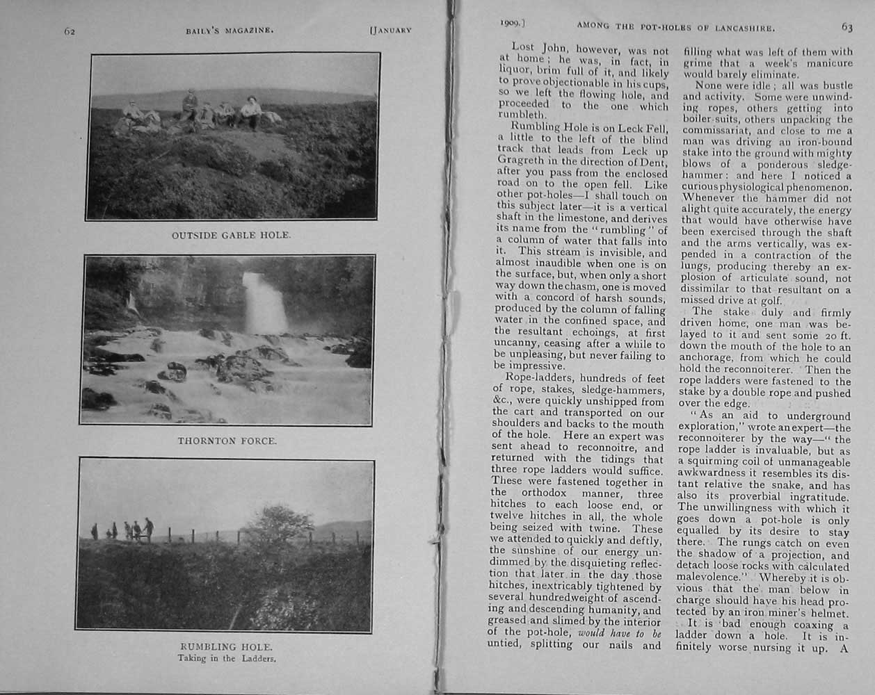 Old Antique Print 1909 Lancashire Gable Hole Thornton River Rumbling Hole 20th