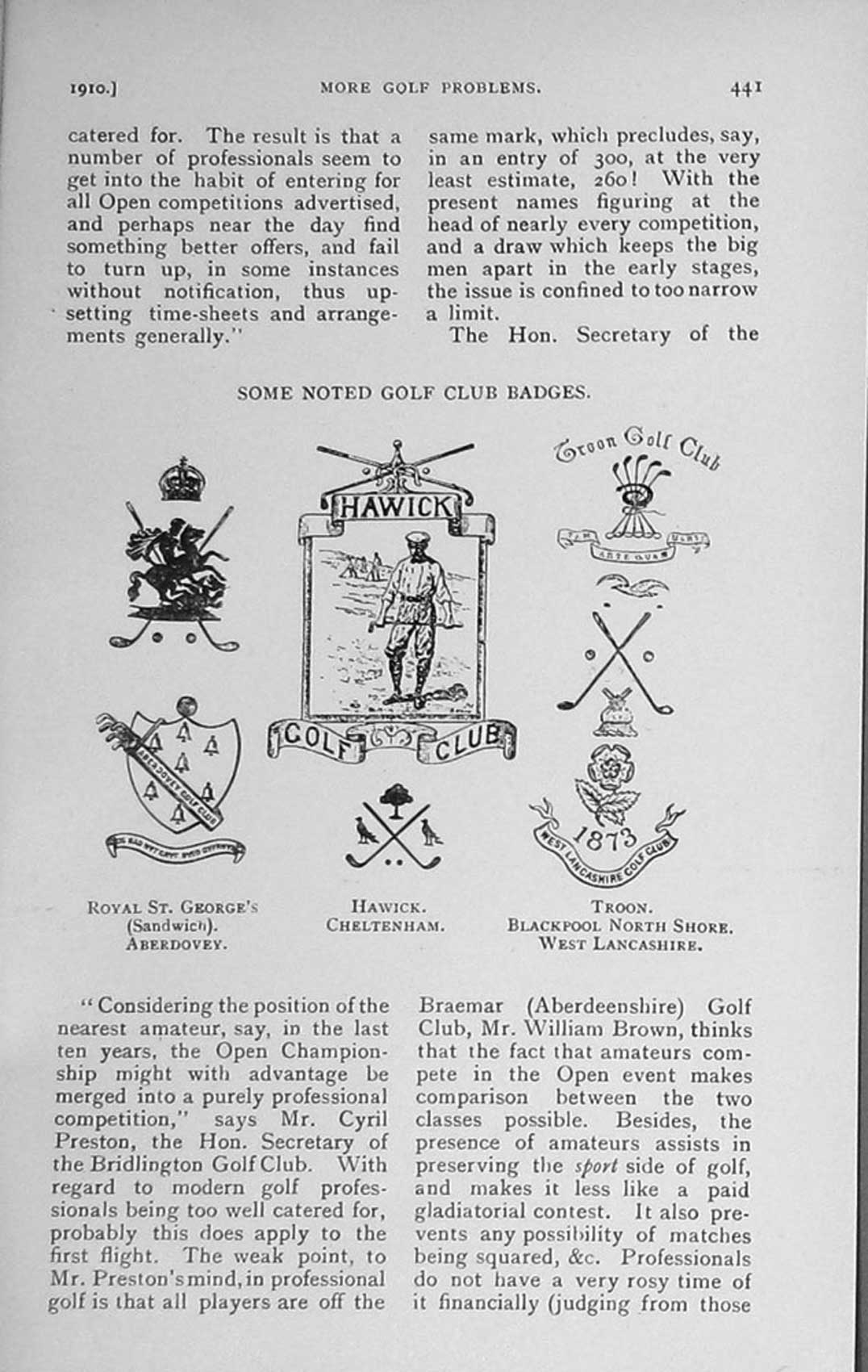 Original Old Antique Print 1910 Golf Club Badges Sport Hawick Troon St George