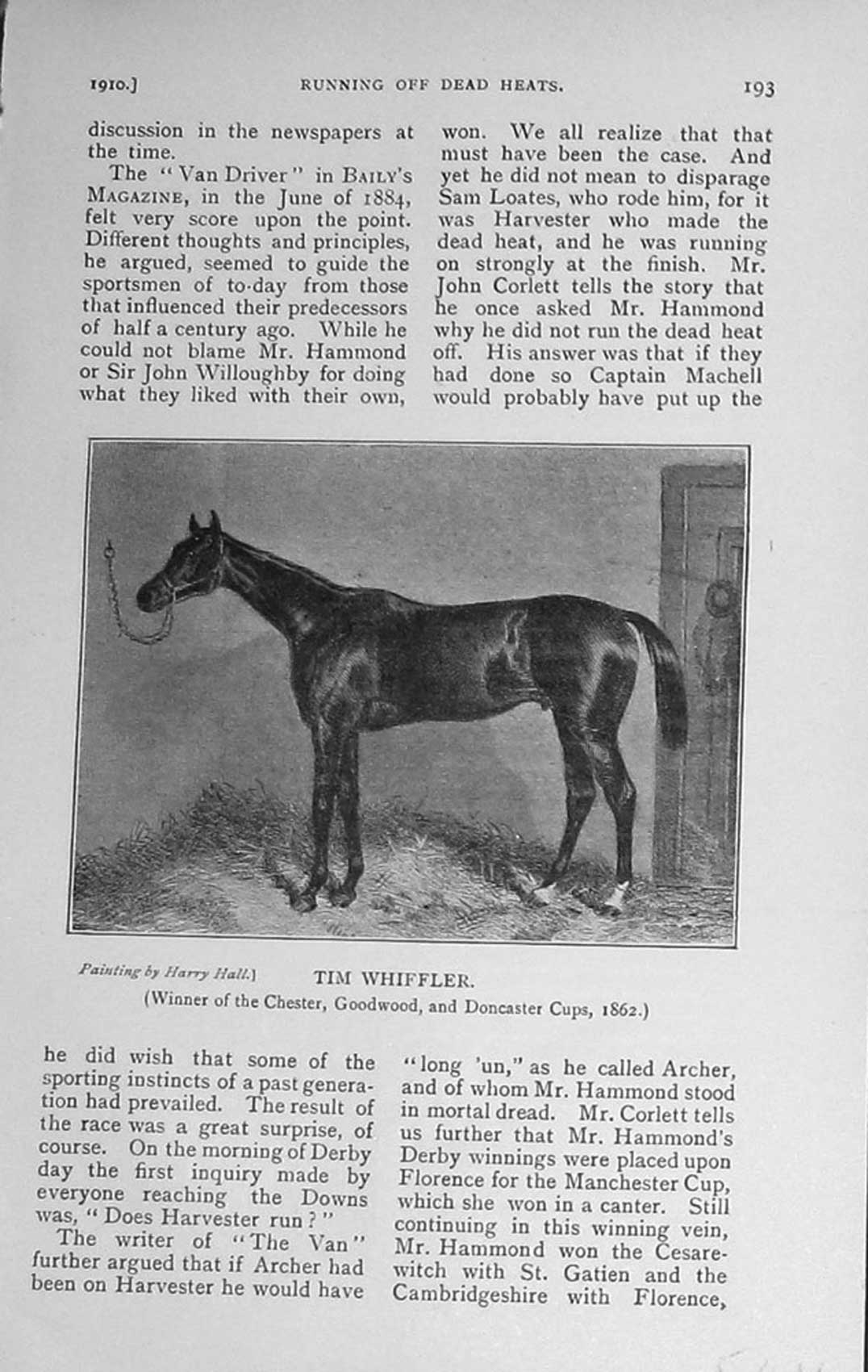 Original Old Antique Print 1910 Tim Whiffler Chester Goodwood Doncaster Horse