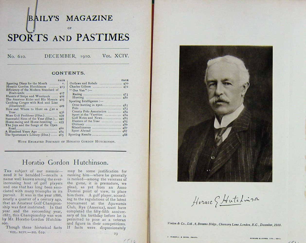 Original Old Antique Print 1910 Portrait Horatio Gordon Hutchinson 20th Century