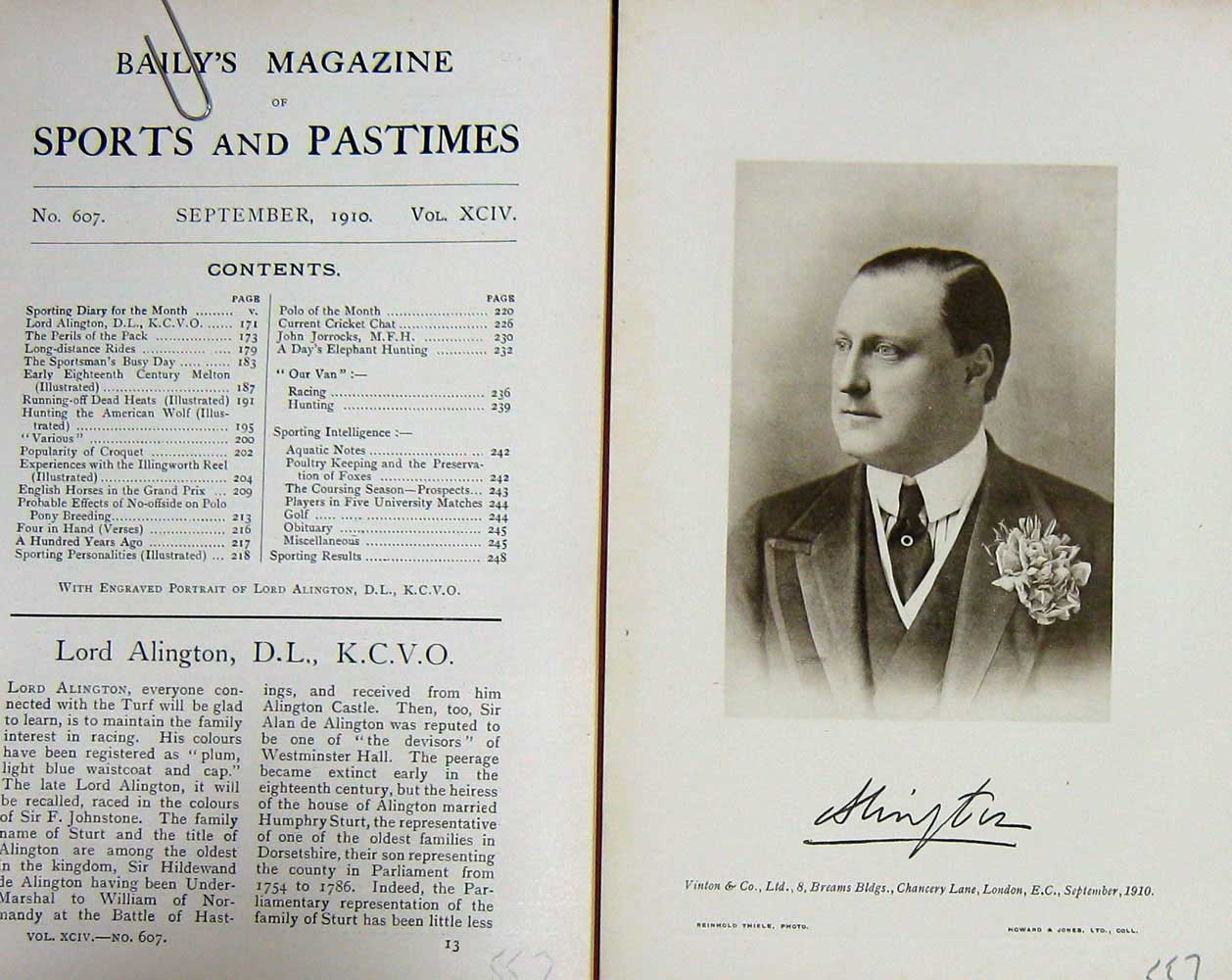 Original Old Antique Print 1910 Portrait Lord Alington Sportsman Racing 20th