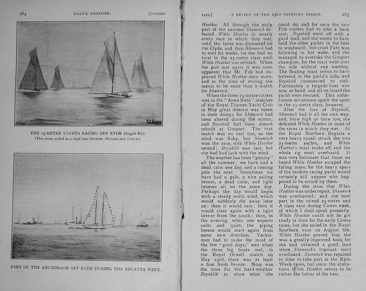 Original Old Antique Print 1910 Sport Yachting Ryde Regatta Boats Racing Flags