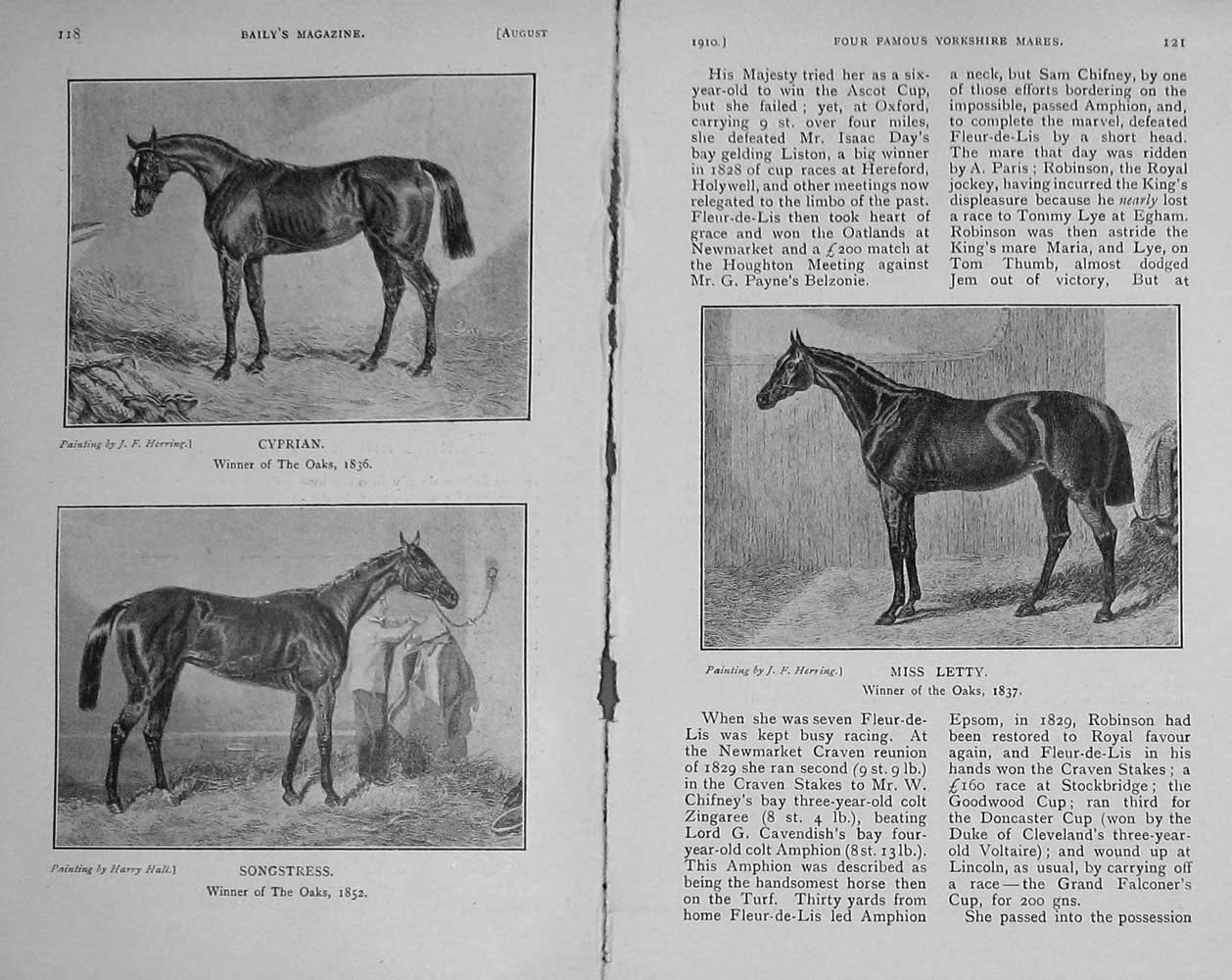 Original Old Antique Print 1910 Horses Miss Letty Cyprian Songstress Oaks Sport