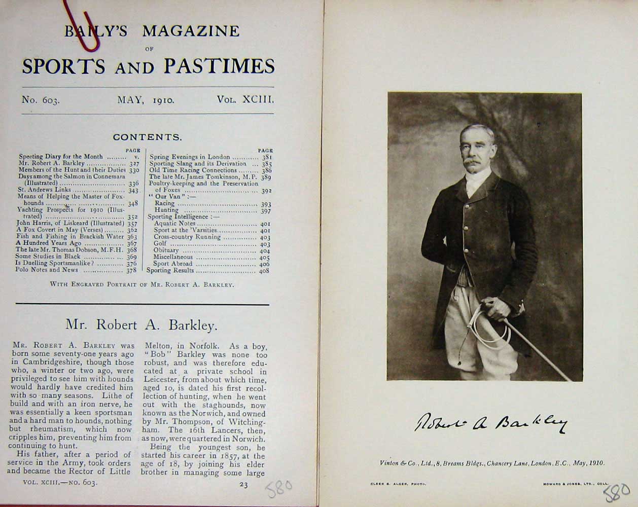 Original Old Antique Print 1910 Portrait Mr Robert A. Barkley Huntsman 20th