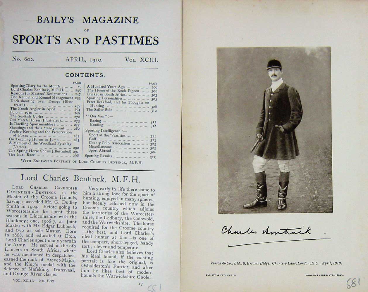 Original Old Antique Print 1910 Portrait Lord Charles Cavendish Bentinck 20th