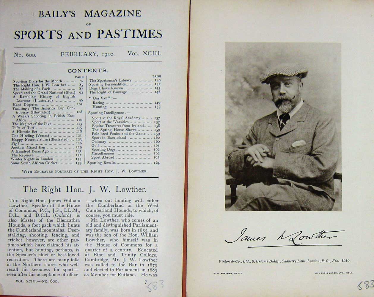 Original Old Antique Print 1910 Portrait Right Hon. James William Lowther 20th