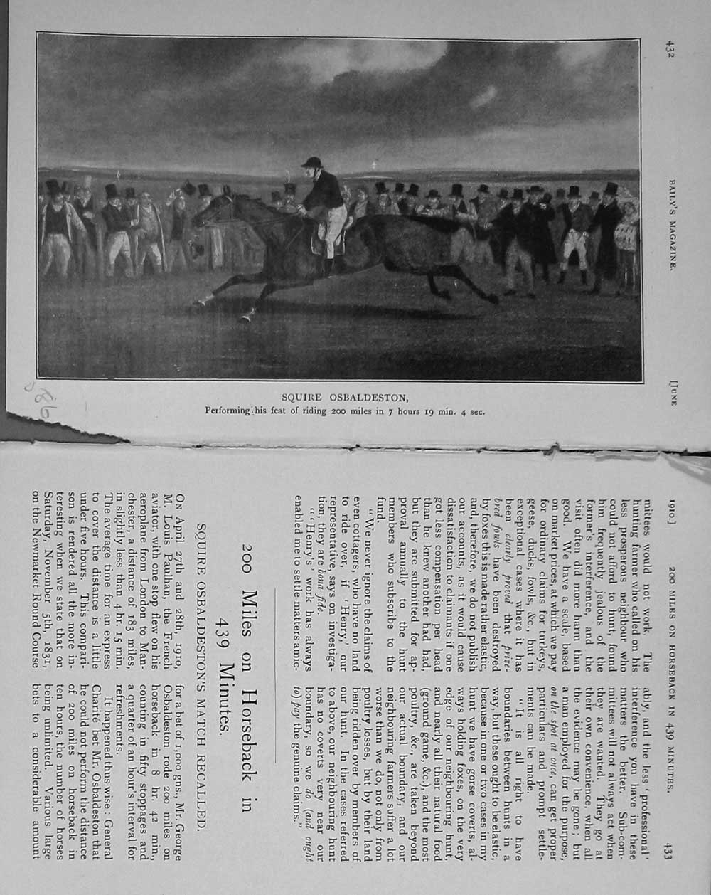 Original Old Antique Print 1910 Horse Squire Osbaldeston Sport 20th Century