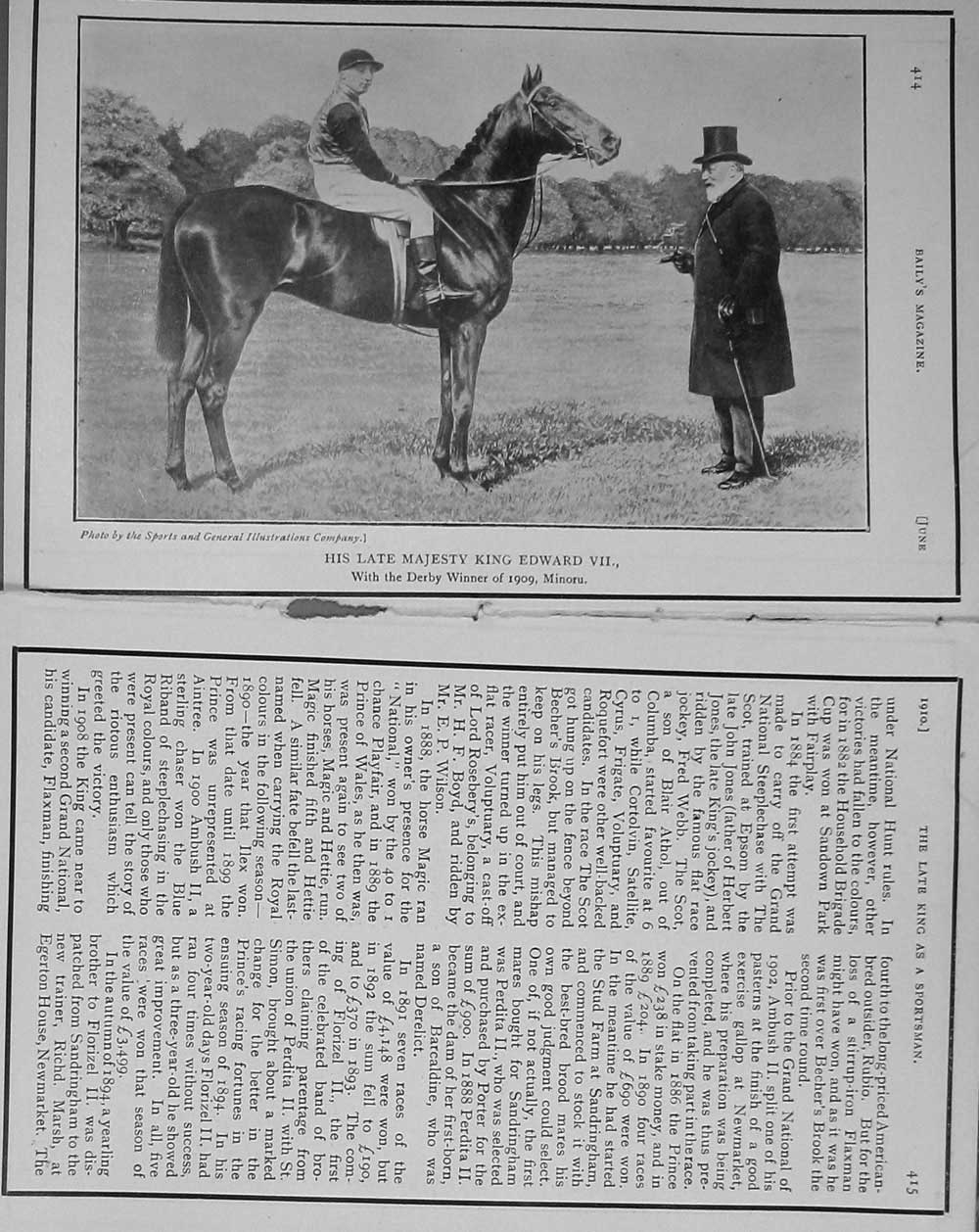 Original Old Antique Print 1910 Photograph King Edward Horse Derby Minoru Sport