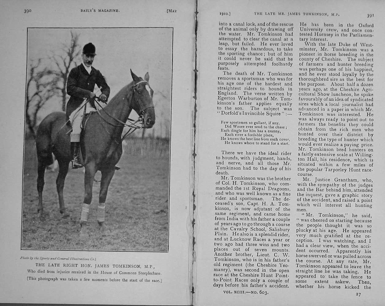 Old Antique Print 1910 Portrait Hon. James Tomkinson Horse Hunting Sport 20th