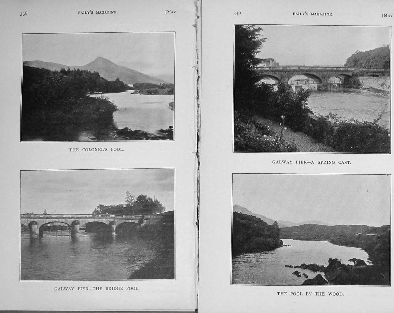 Original Old Antique Print 1910 Salmon Fishing River Galway Pier Colonel'S Pool