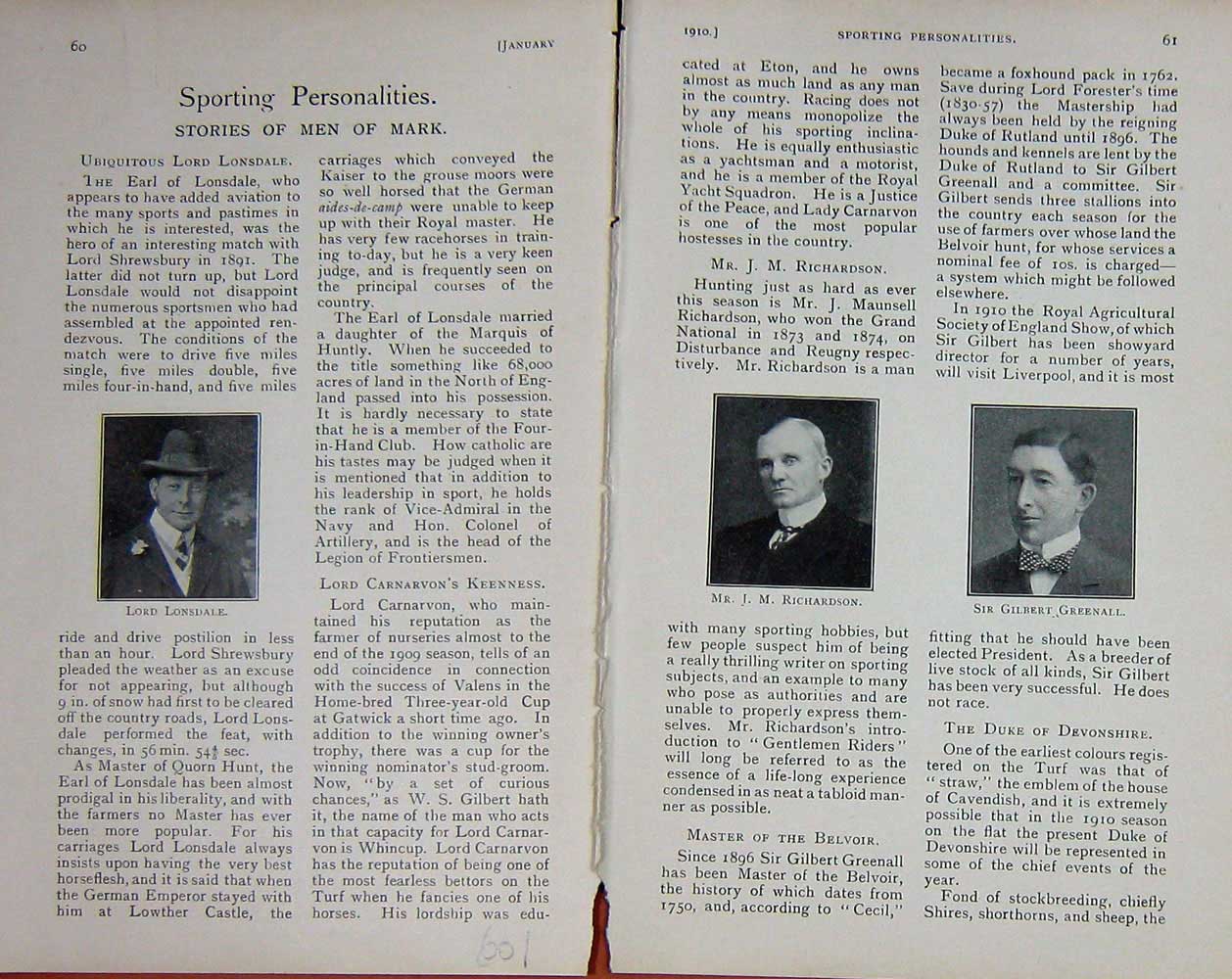 Old Antique Print 1910 Portrait Lord Lonsdale Richardson Greenall Sport 20th
