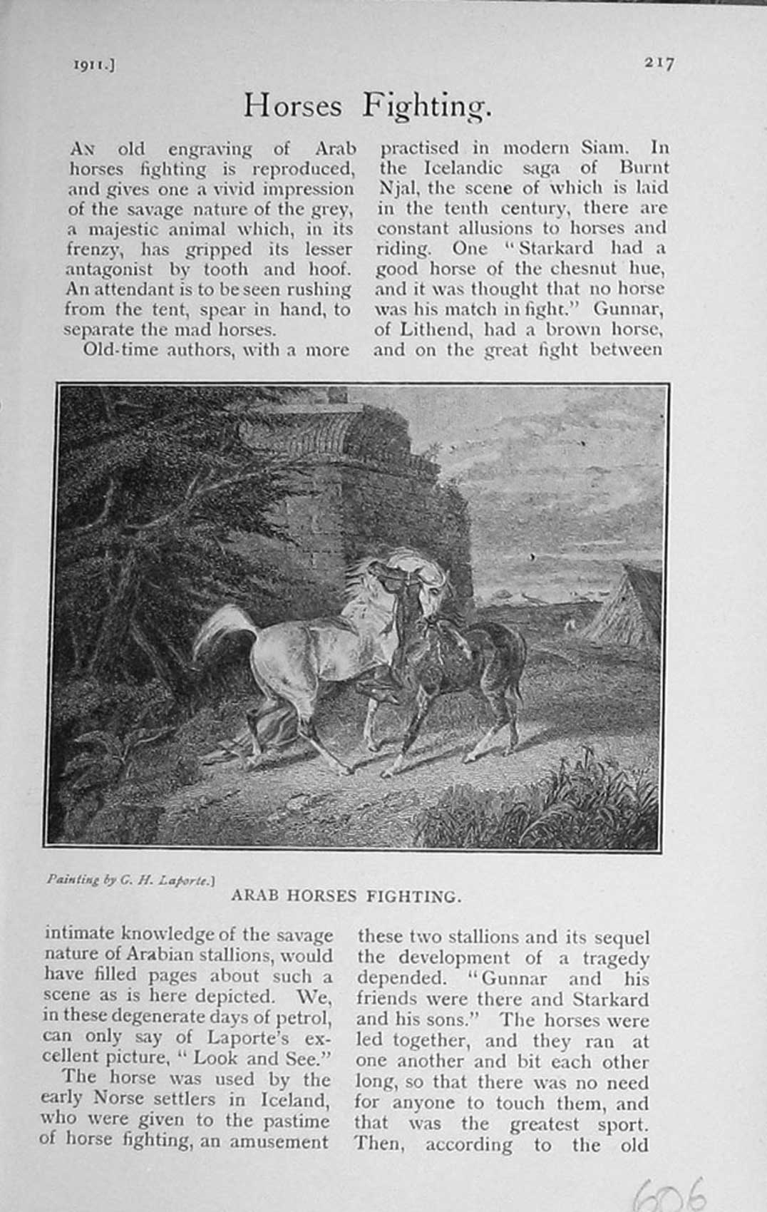 Original Old Antique Print 1911 Arab Horses Fighting Baily'S 20th Century