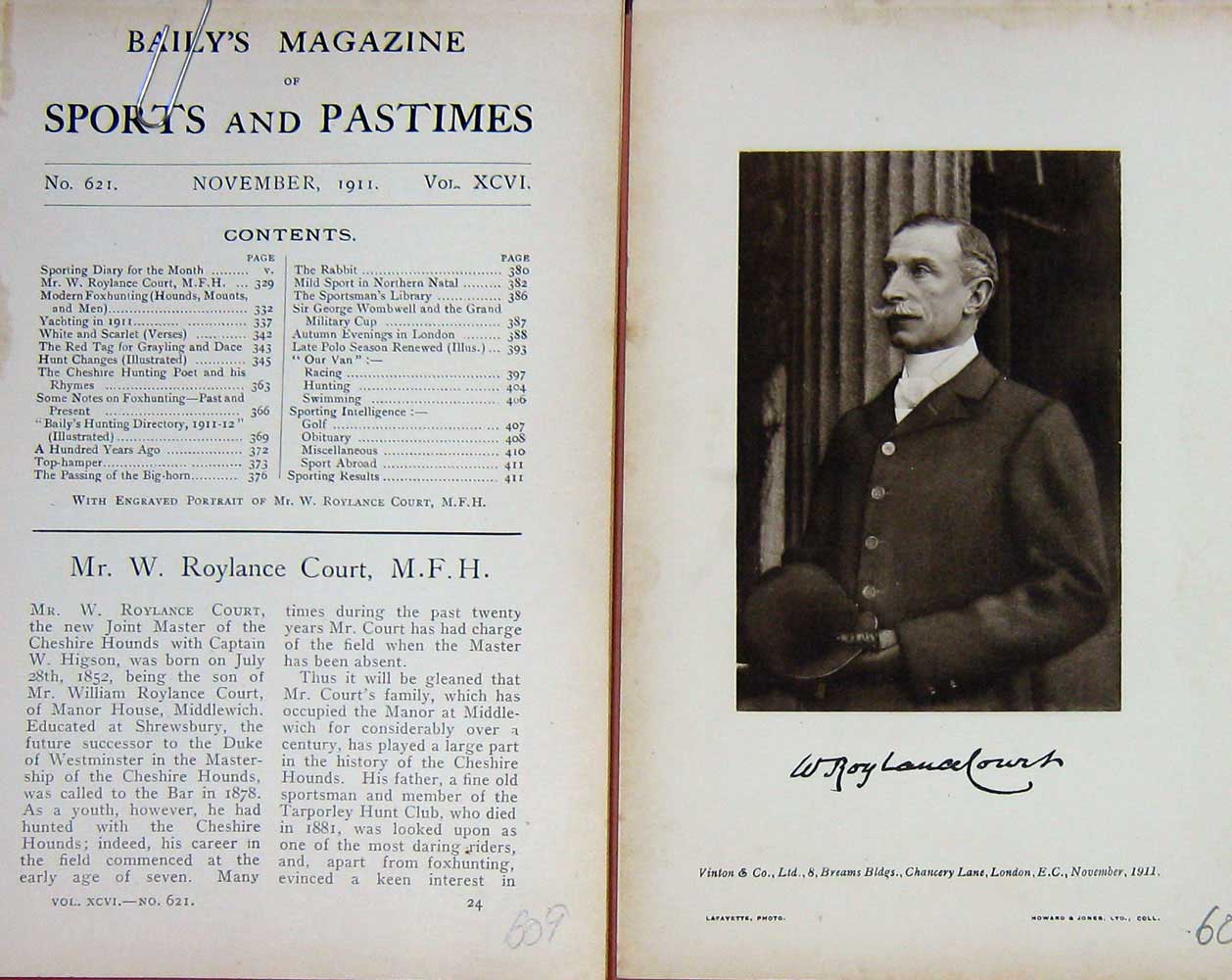 Original Old Antique Print 1911 Portrait Mr W. Roylance Court Master Hunt 20th