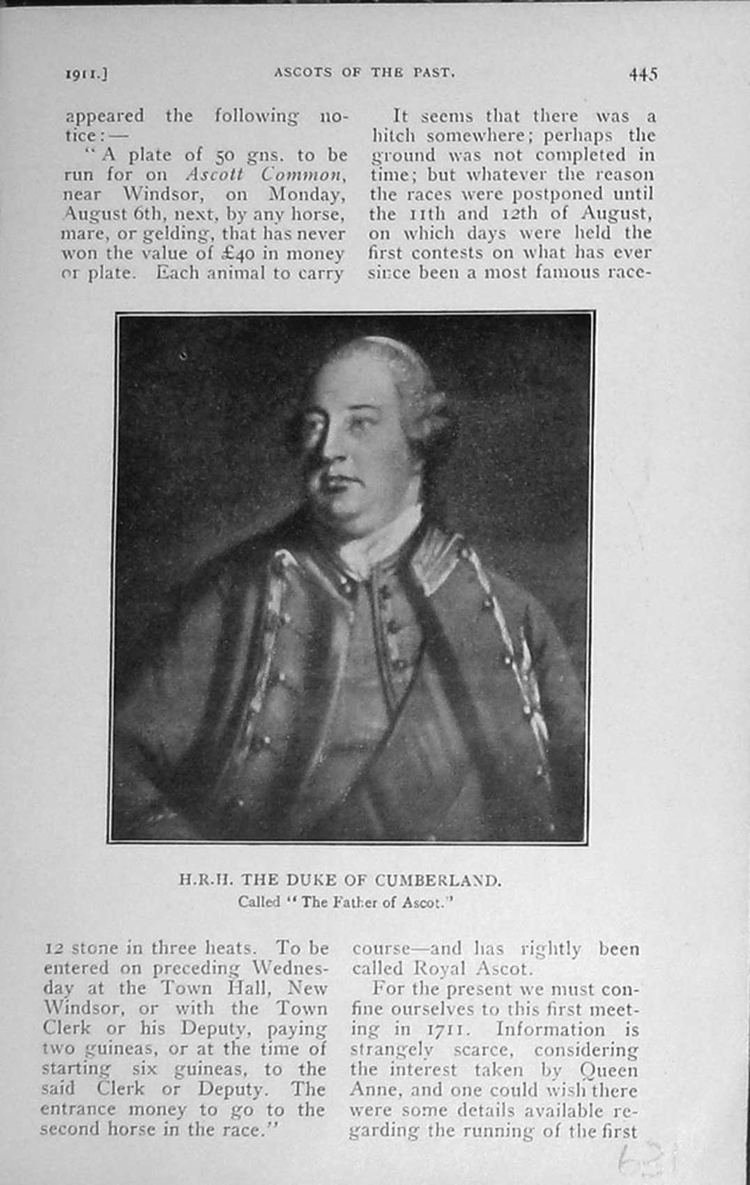 Original Old Antique Print 1911 Portrait H.R.H Duke Cumberland Ascot 20th