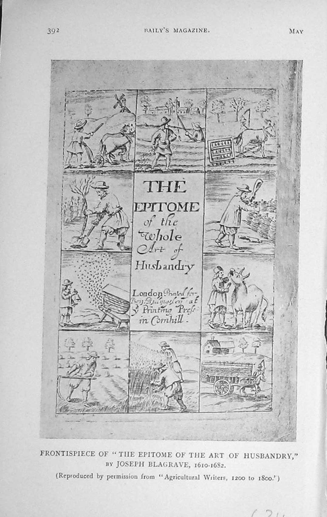 Old Antique Print 1911 Frontispiece Epitome Art Husbandry Joseph Blagrave 20th