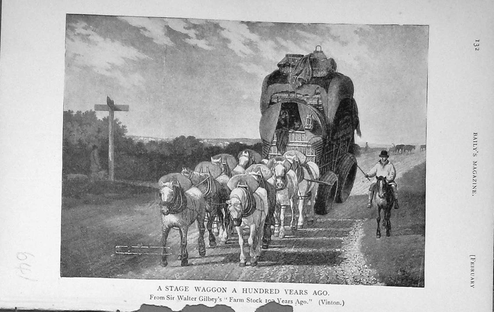 Original Old Antique Print 1911 Stage Waggon Horses Transport 20th Century
