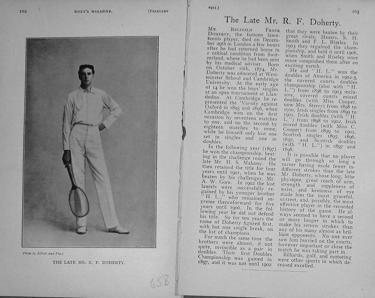 Original Old Antique Print 1911 Portrait Mr Reginald Frank Doherty Tennis 20th