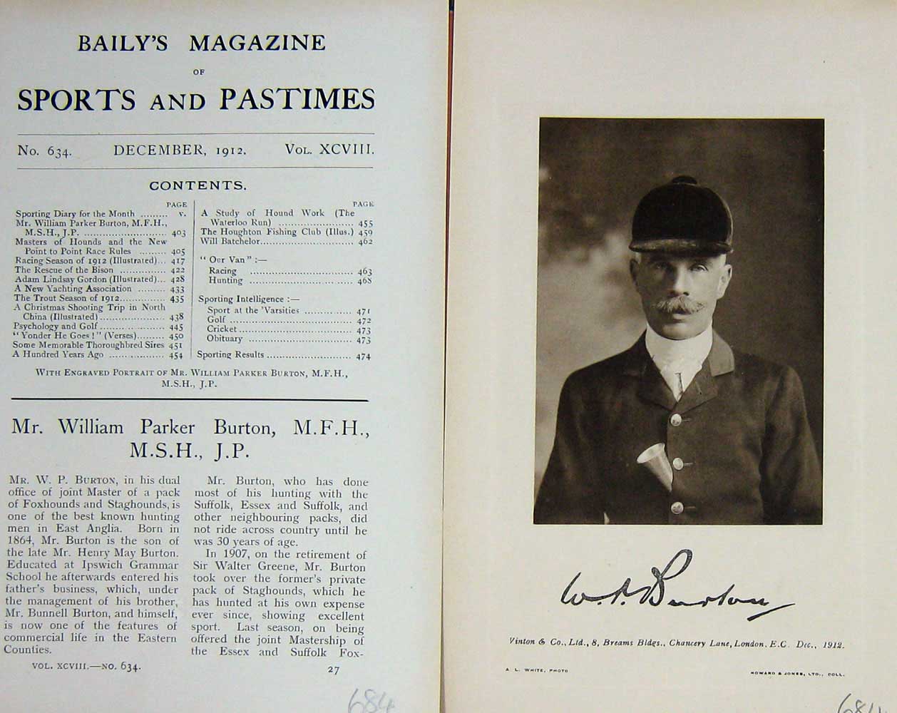 Original Old Antique Print 1912 Portrait Mr William Parker Burton Hunting 20th