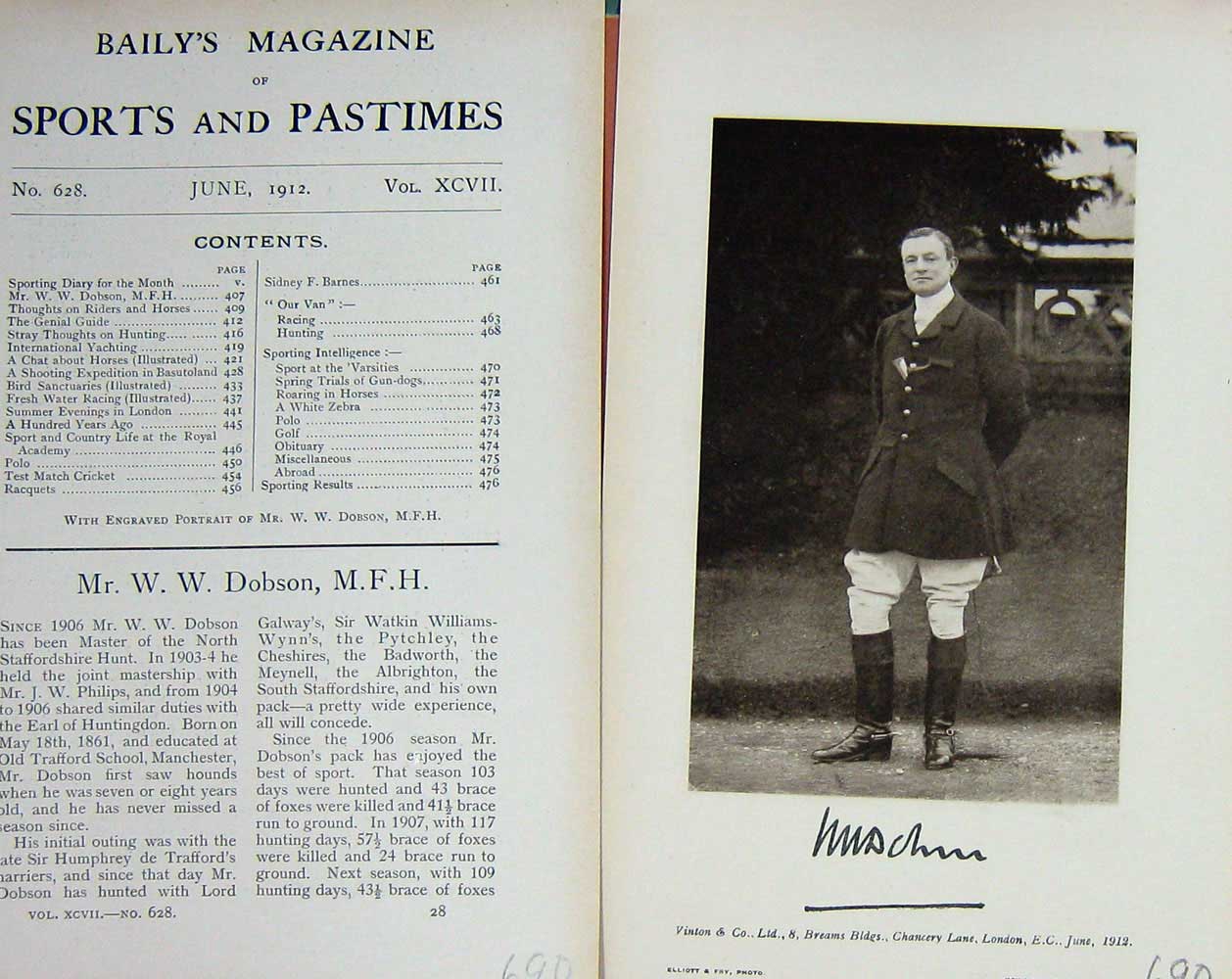 Original Old Antique Print 1912 Portrait Mr W.W Dobson Master Hunt 20th Century
