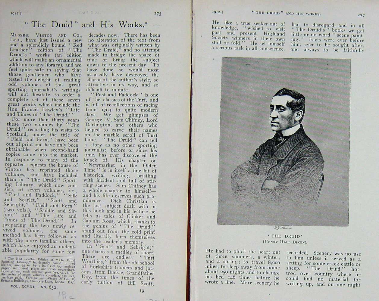 Original Old Antique Print 1912 Portrait Druid Henry Hall Dixon Baily'S 20th