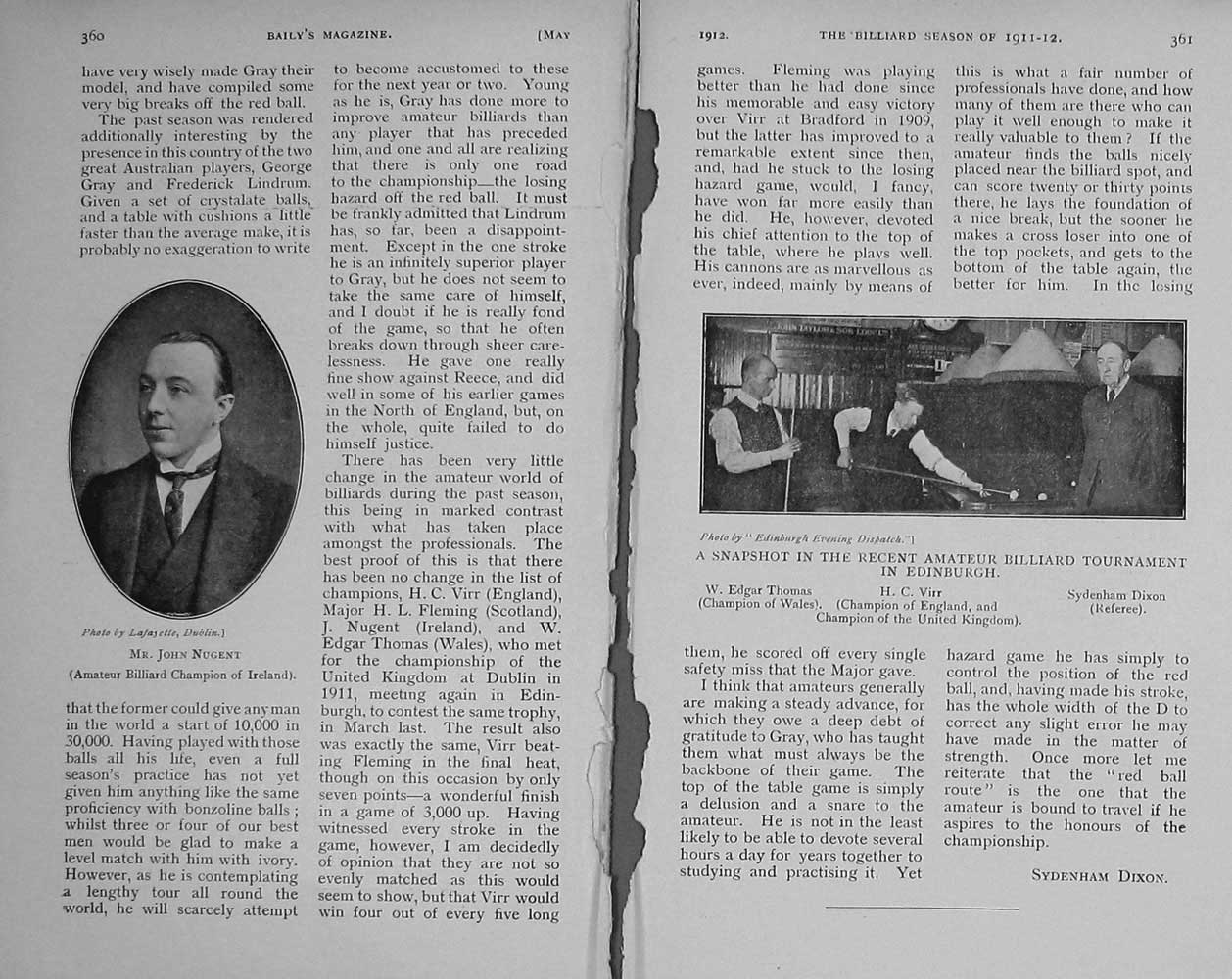 Original Old Antique Print 1912 Sport Billiard Tournament Edinburgh Nugent Virr