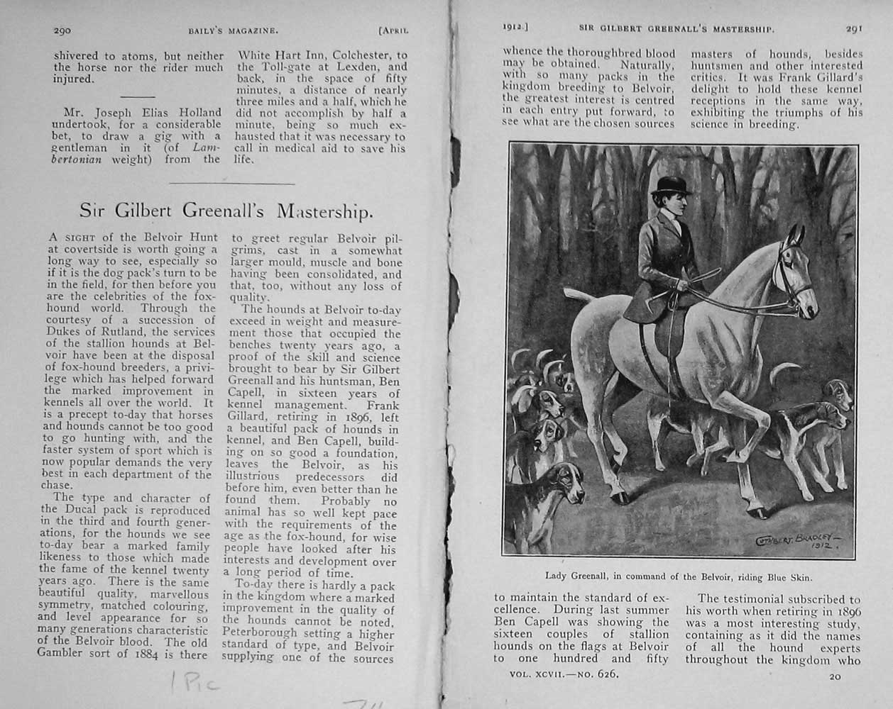 Old Antique Print 1912 Lady Greenall Belvoir Hunt Blue Skin Horse Hounds 20th